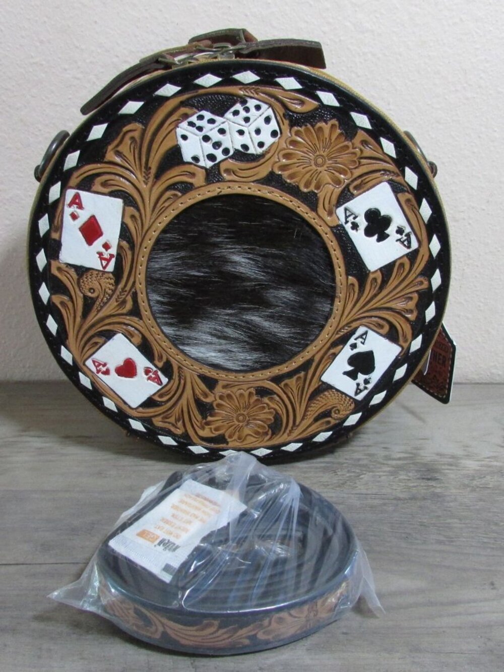 Aces Cards Dice Poker Gambler Tooled Leather & Cowhide Canteen Bag Purse